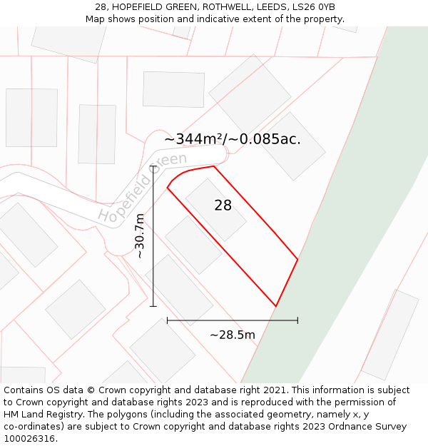 28, HOPEFIELD GREEN, ROTHWELL, LEEDS, LS26 0YB: Plot and title map