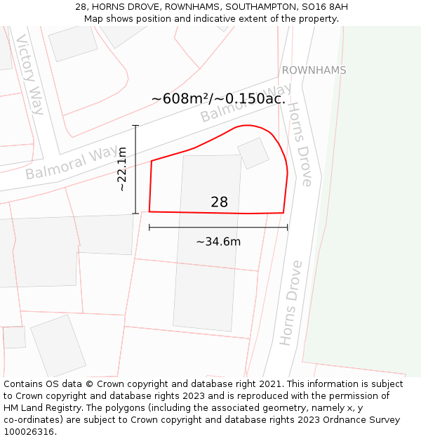 28, HORNS DROVE, ROWNHAMS, SOUTHAMPTON, SO16 8AH: Plot and title map