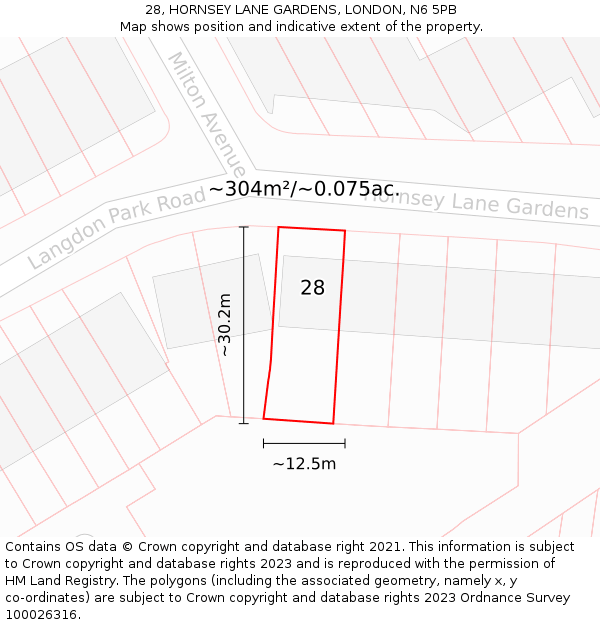 28, HORNSEY LANE GARDENS, LONDON, N6 5PB: Plot and title map
