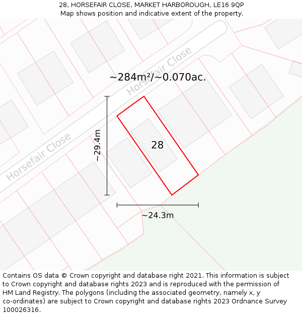 28, HORSEFAIR CLOSE, MARKET HARBOROUGH, LE16 9QP: Plot and title map