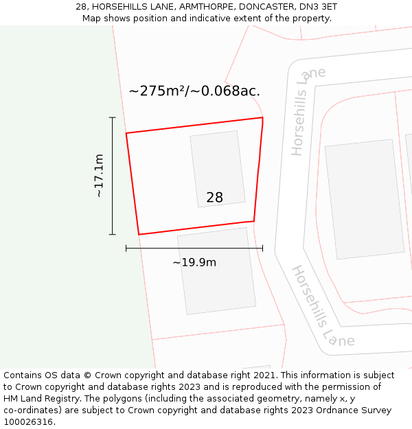 28, HORSEHILLS LANE, ARMTHORPE, DONCASTER, DN3 3ET: Plot and title map