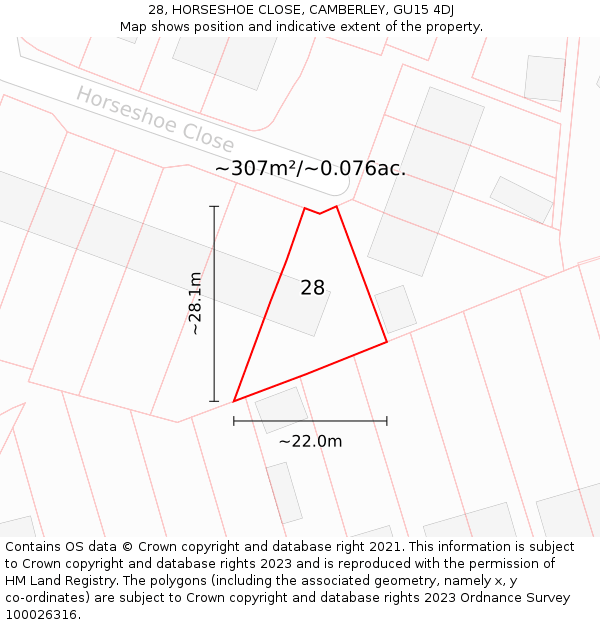 28, HORSESHOE CLOSE, CAMBERLEY, GU15 4DJ: Plot and title map