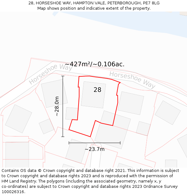28, HORSESHOE WAY, HAMPTON VALE, PETERBOROUGH, PE7 8LG: Plot and title map