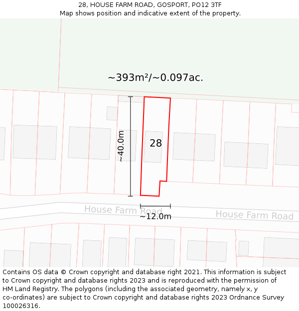 28, HOUSE FARM ROAD, GOSPORT, PO12 3TF: Plot and title map