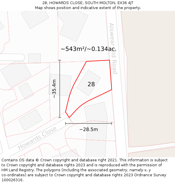 28, HOWARDS CLOSE, SOUTH MOLTON, EX36 4JT: Plot and title map