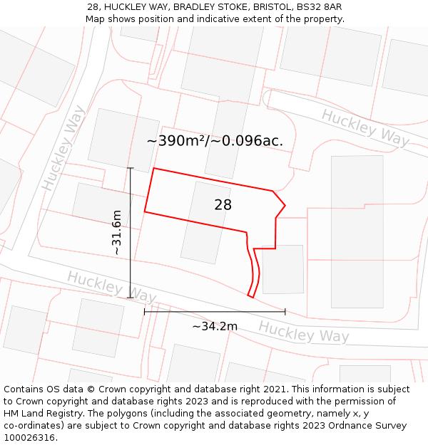28, HUCKLEY WAY, BRADLEY STOKE, BRISTOL, BS32 8AR: Plot and title map