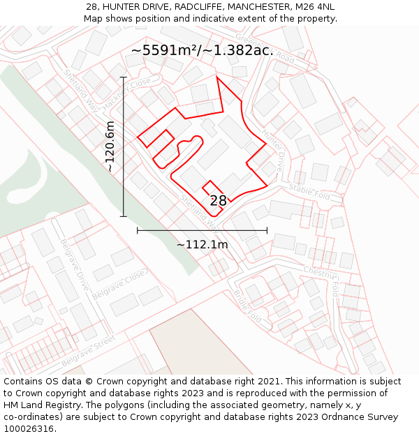28, HUNTER DRIVE, RADCLIFFE, MANCHESTER, M26 4NL: Plot and title map