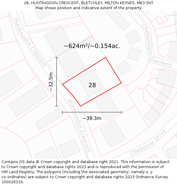28, HUNTINGDON CRESCENT, BLETCHLEY, MILTON KEYNES, MK3 5NT: Plot and title map