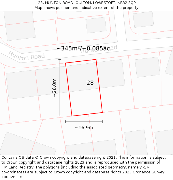 28, HUNTON ROAD, OULTON, LOWESTOFT, NR32 3QP: Plot and title map