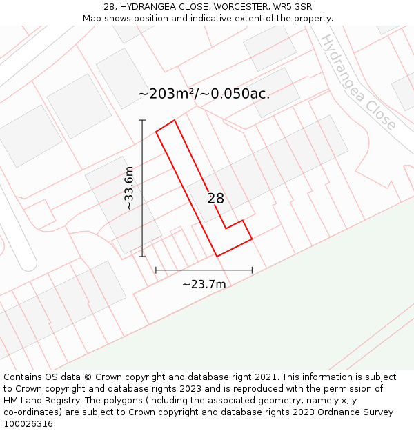 28, HYDRANGEA CLOSE, WORCESTER, WR5 3SR: Plot and title map