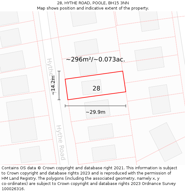 28, HYTHE ROAD, POOLE, BH15 3NN: Plot and title map