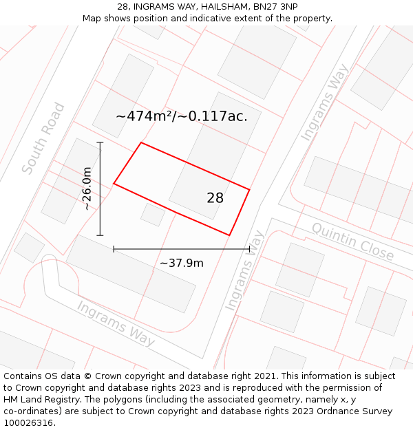 28, INGRAMS WAY, HAILSHAM, BN27 3NP: Plot and title map