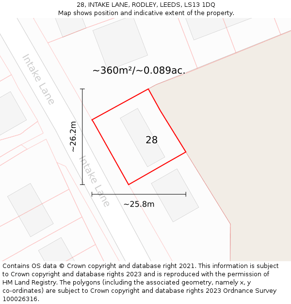 28, INTAKE LANE, RODLEY, LEEDS, LS13 1DQ: Plot and title map