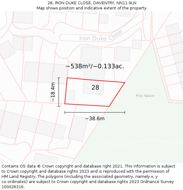 28, IRON DUKE CLOSE, DAVENTRY, NN11 9LN: Plot and title map