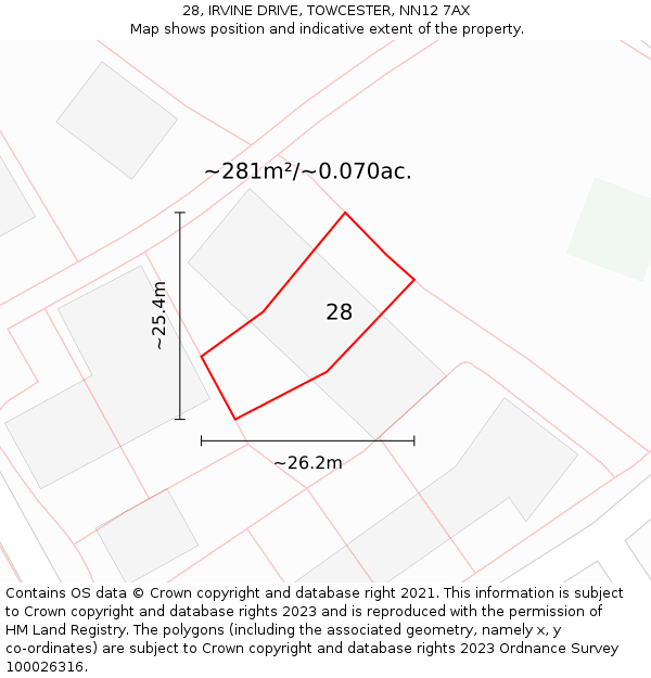 28, IRVINE DRIVE, TOWCESTER, NN12 7AX: Plot and title map