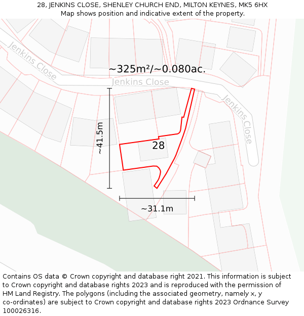 28, JENKINS CLOSE, SHENLEY CHURCH END, MILTON KEYNES, MK5 6HX: Plot and title map