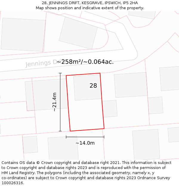 28, JENNINGS DRIFT, KESGRAVE, IPSWICH, IP5 2HA: Plot and title map