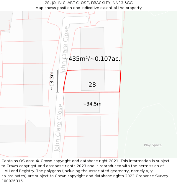 28, JOHN CLARE CLOSE, BRACKLEY, NN13 5GG: Plot and title map