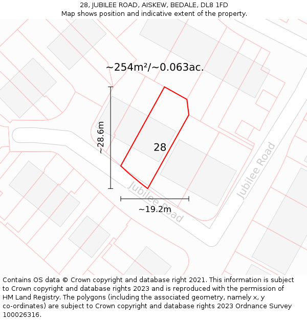28, JUBILEE ROAD, AISKEW, BEDALE, DL8 1FD: Plot and title map
