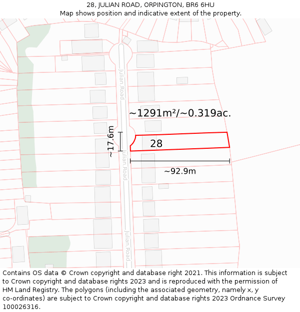 28, JULIAN ROAD, ORPINGTON, BR6 6HU: Plot and title map
