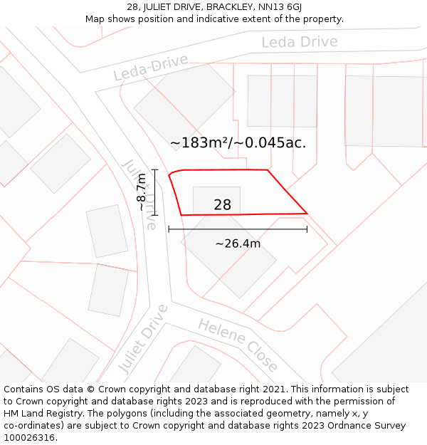 28, JULIET DRIVE, BRACKLEY, NN13 6GJ: Plot and title map