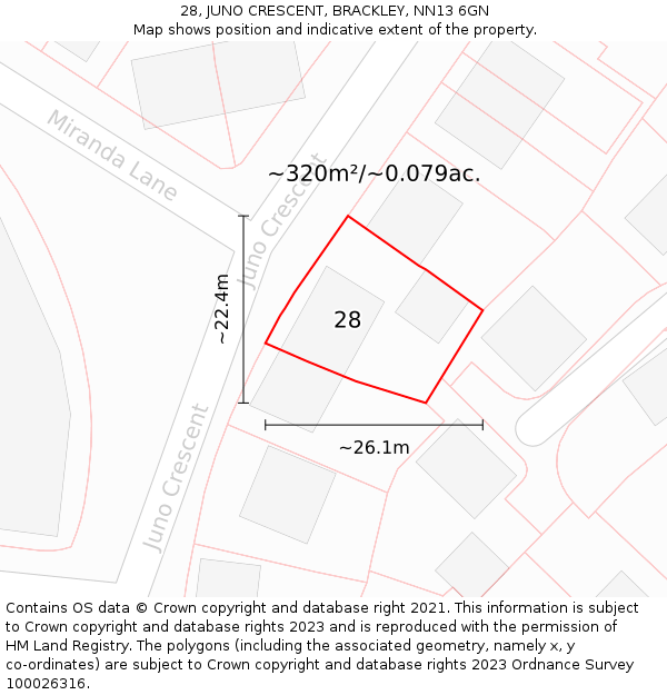 28, JUNO CRESCENT, BRACKLEY, NN13 6GN: Plot and title map