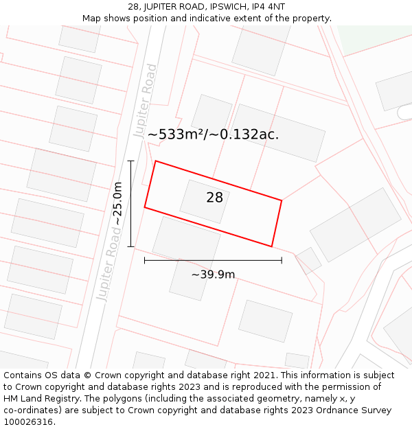 28, JUPITER ROAD, IPSWICH, IP4 4NT: Plot and title map