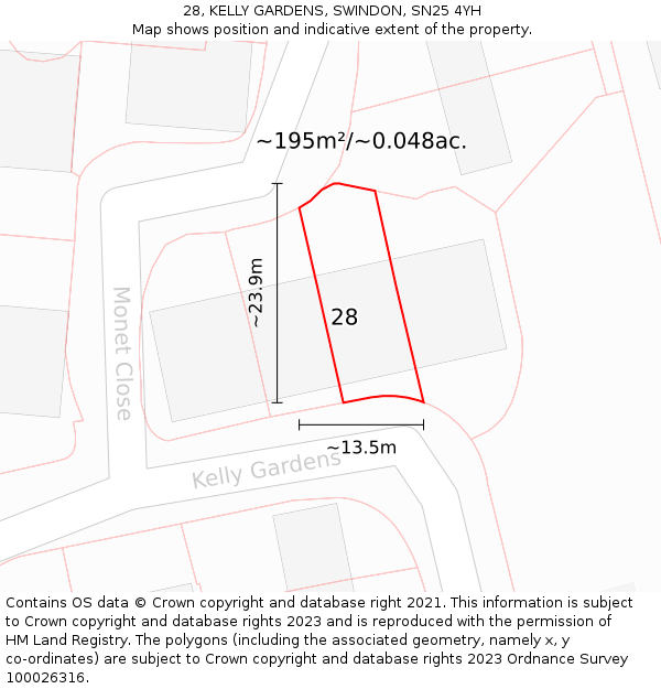 28, KELLY GARDENS, SWINDON, SN25 4YH: Plot and title map