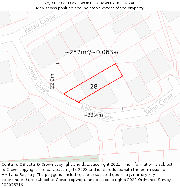 28, KELSO CLOSE, WORTH, CRAWLEY, RH10 7XH: Plot and title map