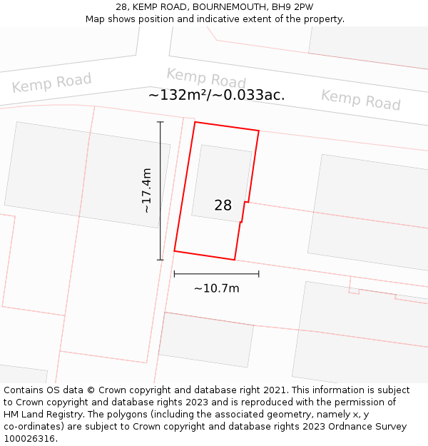 28, KEMP ROAD, BOURNEMOUTH, BH9 2PW: Plot and title map