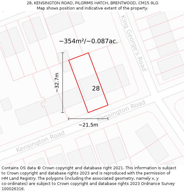 28, KENSINGTON ROAD, PILGRIMS HATCH, BRENTWOOD, CM15 9LG: Plot and title map