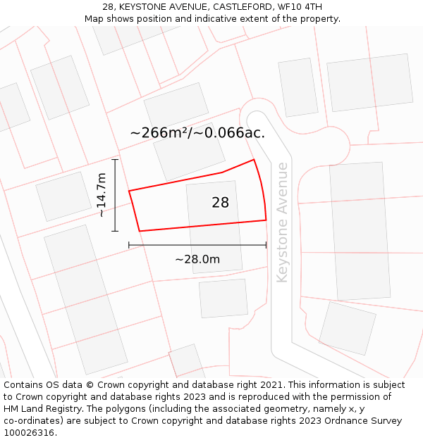 28, KEYSTONE AVENUE, CASTLEFORD, WF10 4TH: Plot and title map