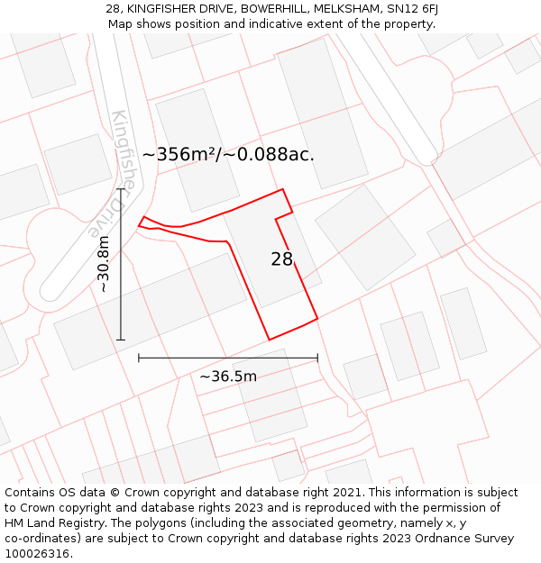 28, KINGFISHER DRIVE, BOWERHILL, MELKSHAM, SN12 6FJ: Plot and title map