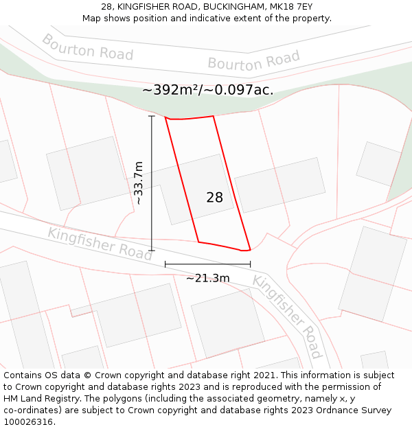 28, KINGFISHER ROAD, BUCKINGHAM, MK18 7EY: Plot and title map
