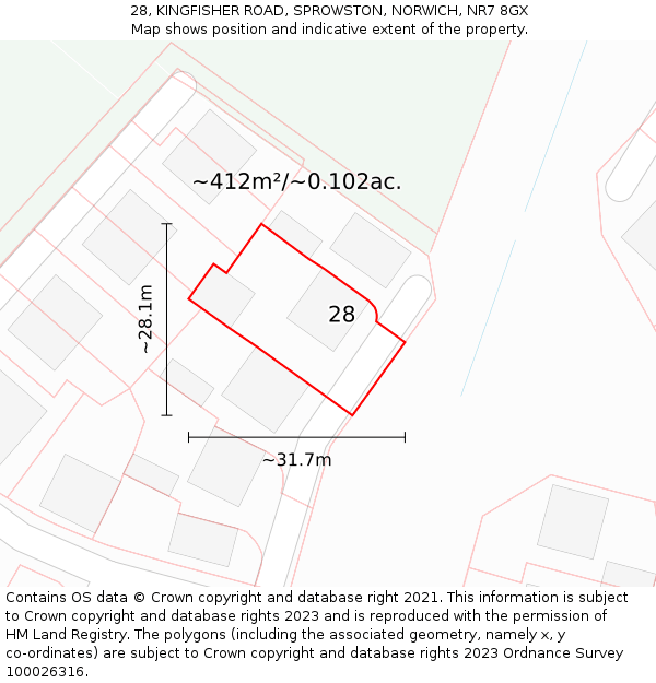 28, KINGFISHER ROAD, SPROWSTON, NORWICH, NR7 8GX: Plot and title map