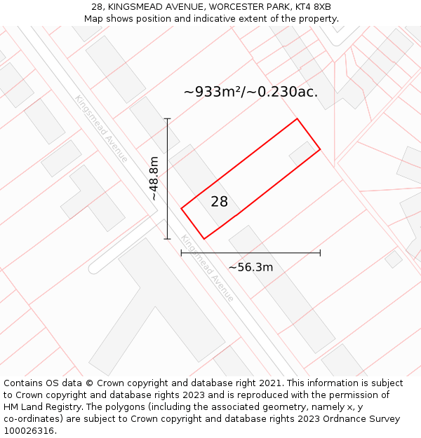 28, KINGSMEAD AVENUE, WORCESTER PARK, KT4 8XB: Plot and title map