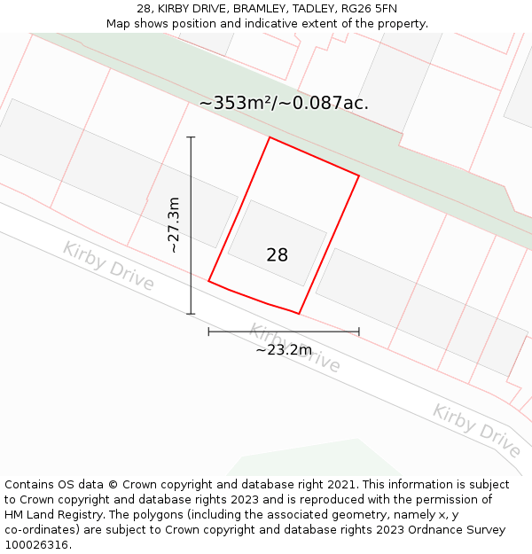 28, KIRBY DRIVE, BRAMLEY, TADLEY, RG26 5FN: Plot and title map