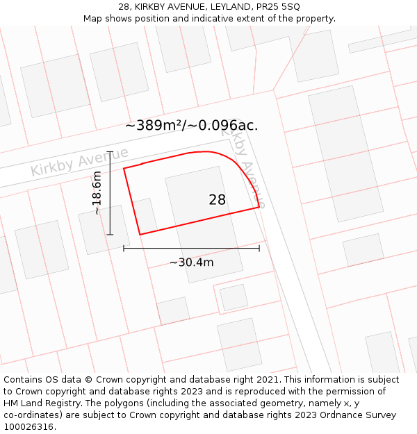 28, KIRKBY AVENUE, LEYLAND, PR25 5SQ: Plot and title map