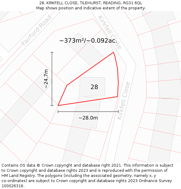 28, KIRKFELL CLOSE, TILEHURST, READING, RG31 6QL: Plot and title map