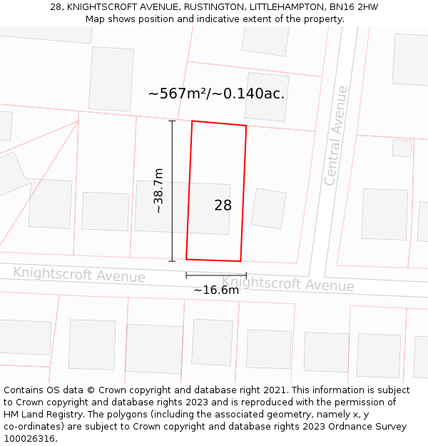 28, KNIGHTSCROFT AVENUE, RUSTINGTON, LITTLEHAMPTON, BN16 2HW: Plot and title map