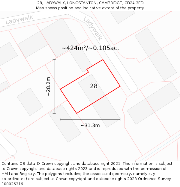 28, LADYWALK, LONGSTANTON, CAMBRIDGE, CB24 3ED: Plot and title map