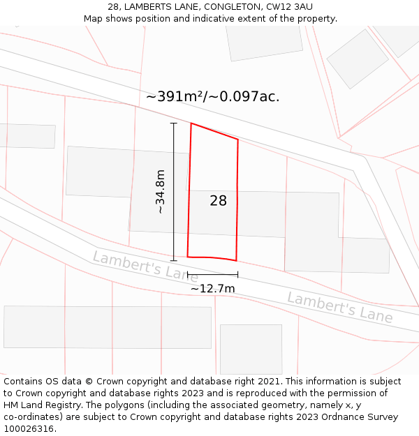 28, LAMBERTS LANE, CONGLETON, CW12 3AU: Plot and title map