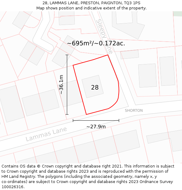 28, LAMMAS LANE, PRESTON, PAIGNTON, TQ3 1PS: Plot and title map