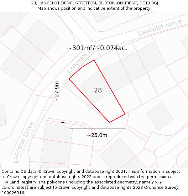 28, LANCELOT DRIVE, STRETTON, BURTON-ON-TRENT, DE13 0GJ: Plot and title map