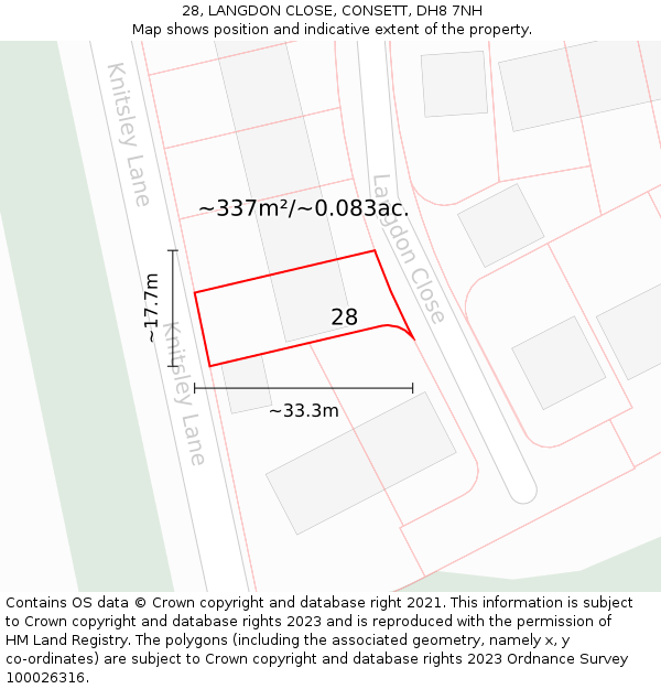 28, LANGDON CLOSE, CONSETT, DH8 7NH: Plot and title map