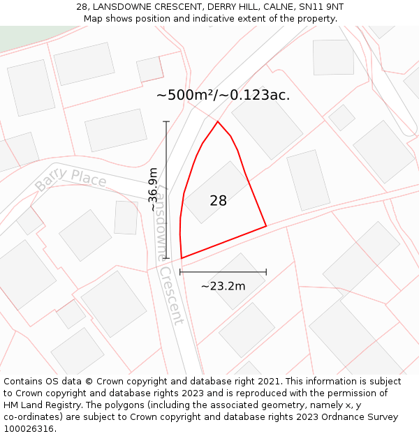 28, LANSDOWNE CRESCENT, DERRY HILL, CALNE, SN11 9NT: Plot and title map