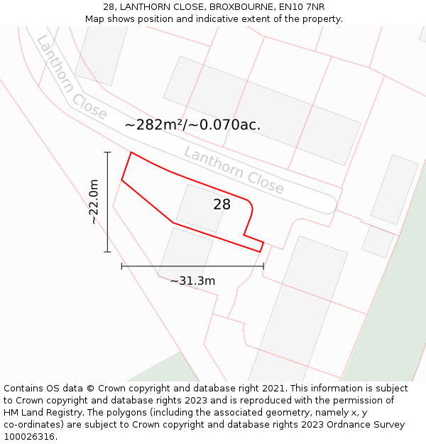 28, LANTHORN CLOSE, BROXBOURNE, EN10 7NR: Plot and title map