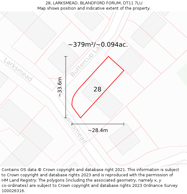 28, LARKSMEAD, BLANDFORD FORUM, DT11 7LU: Plot and title map