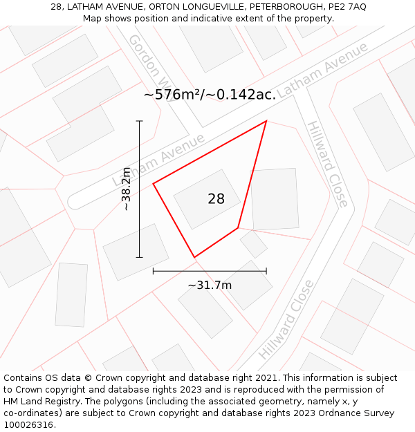 28, LATHAM AVENUE, ORTON LONGUEVILLE, PETERBOROUGH, PE2 7AQ: Plot and title map