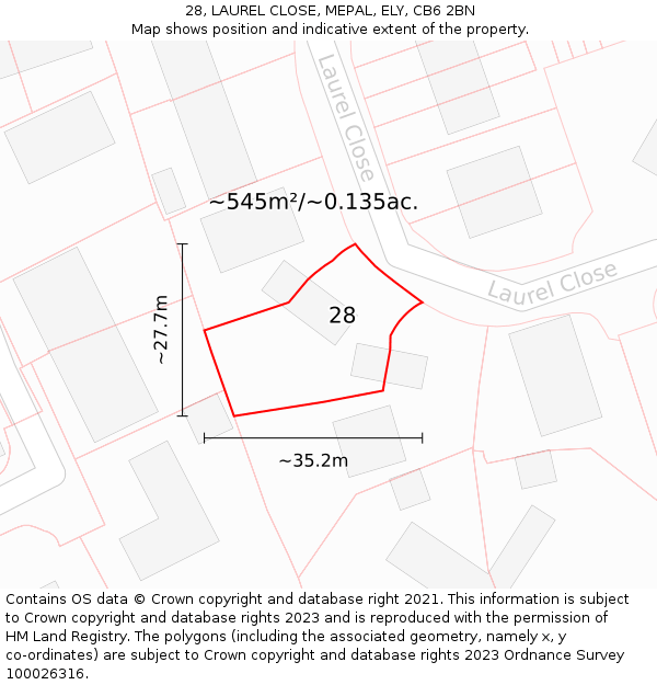 28, LAUREL CLOSE, MEPAL, ELY, CB6 2BN: Plot and title map